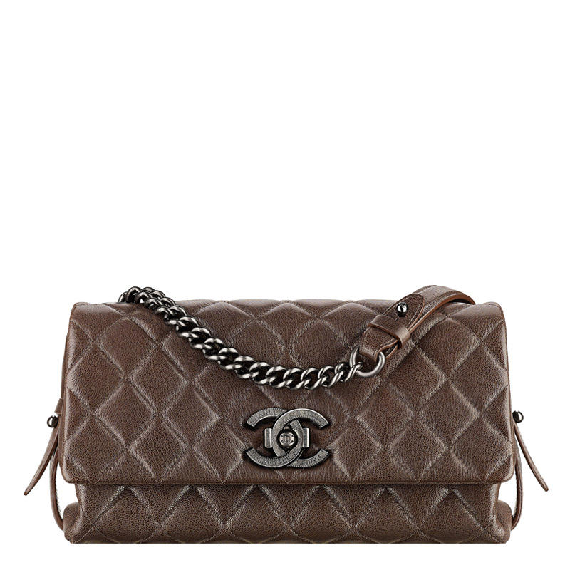 Chanel/香奈儿 棕色山羊皮菱格纹双C锁扣女士口盖包