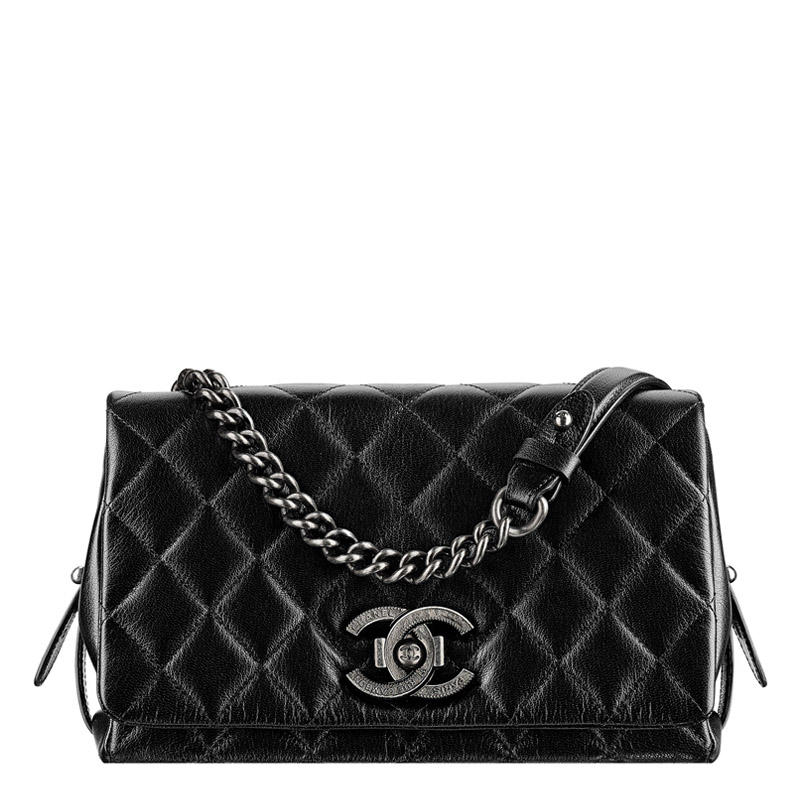 Chanel/香奈儿 黑色山羊皮菱格纹双C锁扣女士口盖包